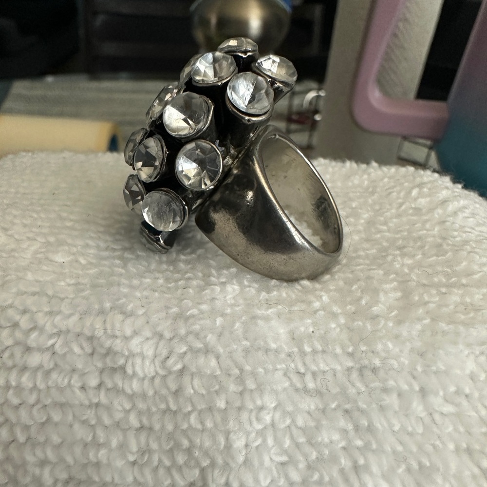Silver And Black Statement Ring With Clear Gems - image 2